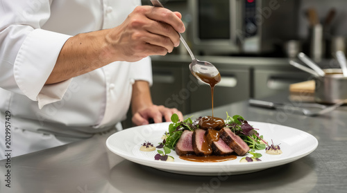 Chef in white uniform pouring brown sauce with a spoon over a gourmet meat dish with fresh green herbs on a white plate in a restaurant kitchen