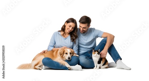 Happy Young Couple with Pets Sitting on Floor.