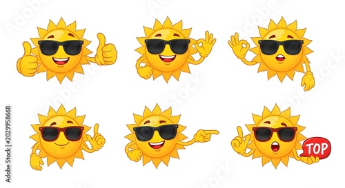 Set of Sunny Sun Characters Wearing Sunglasses Expressing Various Emotions.