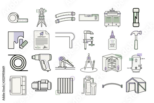 Home Improvement Tools Line Art or Home Renovation Equipment Outline Set