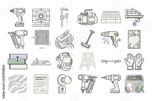 Home Improvement Thin Line Icons Set or Renovation Project Equipment Outline Icons