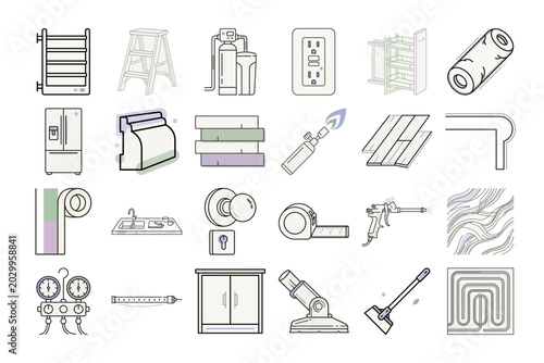 Home Improvement Thin Line Icons or House Renovation Outline Style Elements