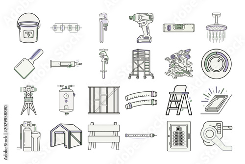 Home Improvement Tools Icon Set in Outline Style or Construction Renovation Equipment Thin Line Graphic