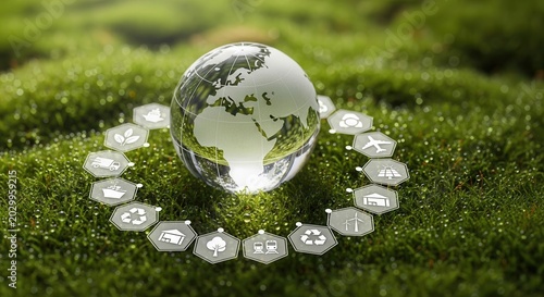 Glass globe on vibrant green moss surrounded by environmental icons. Sustainable development and ecological balance.
