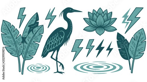 Foto Vintage-style illustration of a heron and lotus flower with lightning bolts and