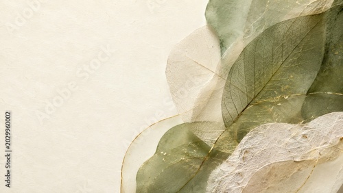 A delicate artistic arrangement of dried green and translucent skeleton leaves with gold foil edges, set against a textured cream-colored paper background.