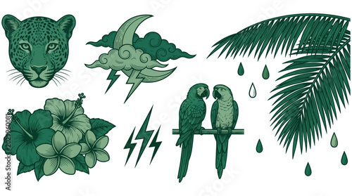 Photos Vector Collection of Tropical Nature Elements with Leopard, Parrots, Palm Leaves