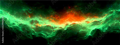 Fotografie Cosmic nebula glows ethereal green and fiery orange, ethereal dance interstellar gas dust, vast expanse universe