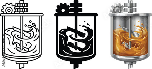 Foto Industrial mixer with swirling liquid set of vector icons for chemical processin
