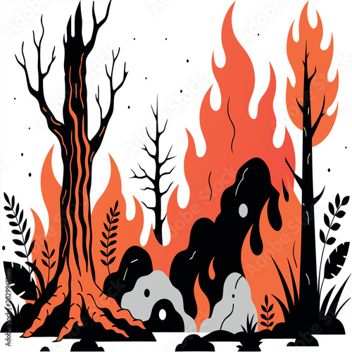 Schilderij op canvas Flat vector illustration of a forest wildfire scene with burning trees, orange f
