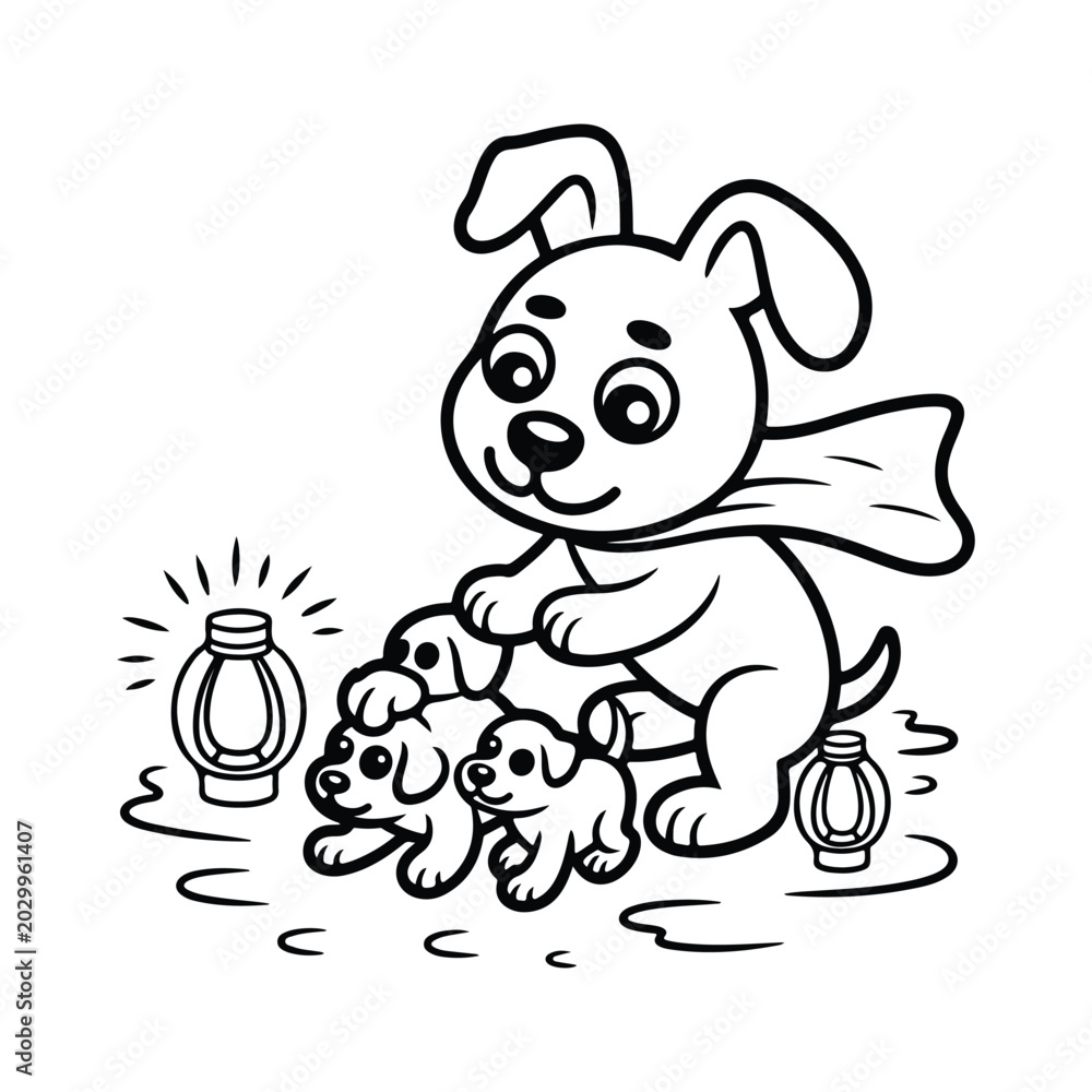 Fototapeta premium Cute dog in superhero cape saving puppies from darkness
