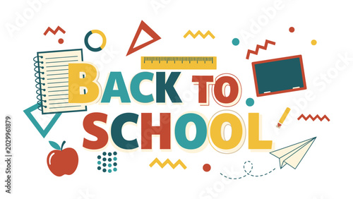 Foto Back to School Celebration: A vibrant and colorful illustration announces the joyful return to school, featuring iconic school supplies and playful geometric shapes