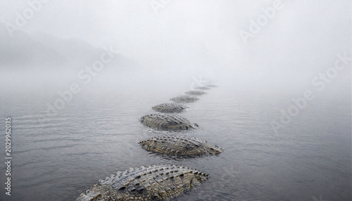 A path formed by crocodiles. Dangers on the way to the destination.