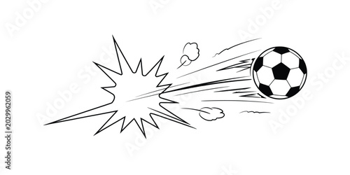 Fast moving soccer ball flying through the air with a dynamic impact explosion effect in black and white sketch style.