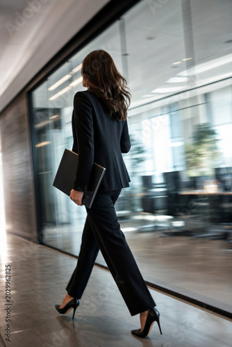 A confident young Asian woman in a business suit walks purposefully through a modern office corridor, carrying a laptop case and exuding professionalism.
