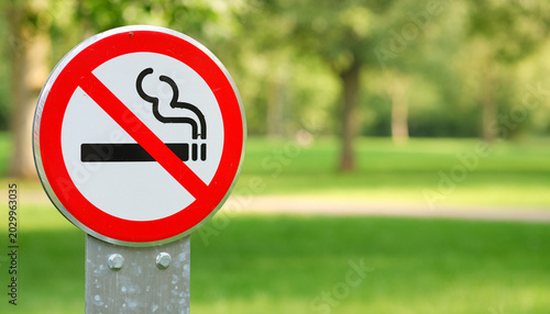 No Smoking Sign in a Public Park with Blurred Green Background