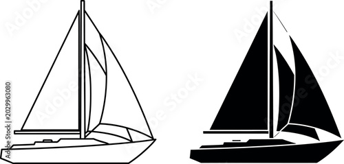 Foto Classic sailboat line art and silhouette for marine recreation and nautical desi