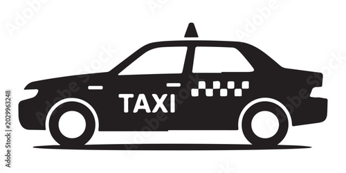Black taxi car side view with taxi sign and checkered pattern silhouette