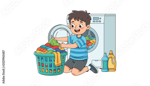 Tableau sur toile Boy doing laundry, kneeling with basket and washing machine