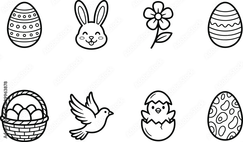 Fototapeta premium Easter icons set including eggs bunny bird and chick