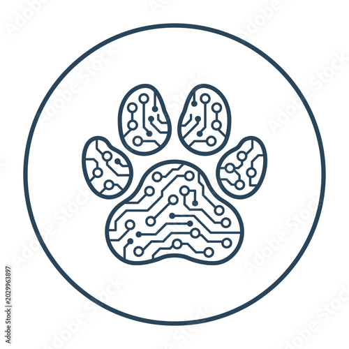 Digital pet paw print icon with circuit board pattern, animal technology vector logo, smart pet tracking symbol
