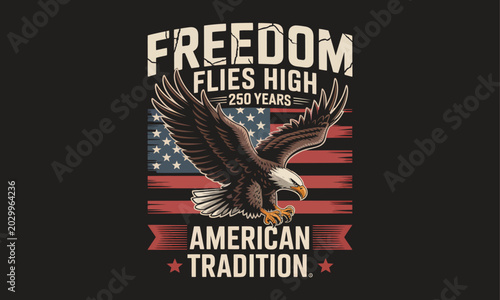 Schilderij op canvas Bald Eagle Flying with American Flag in Patriotic Symbolism Illustration