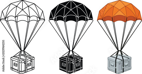 Fotografi Set of parachute icons with cargo box line art silhouette and color illustration