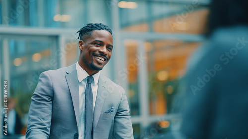 Corporate recruitment branding shot of businessman smiling during office conversation, cinematic daylight