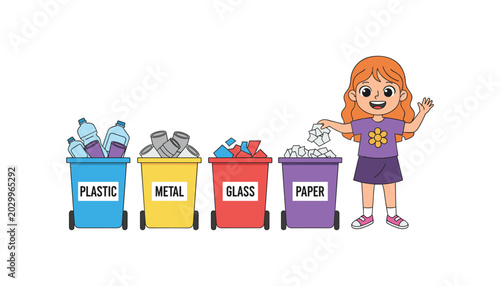 Girl sorting recyclables into colored bins outdoors