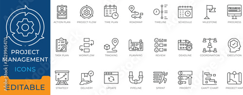 Bild auf Leinwand Project management and agile workflow line icon set