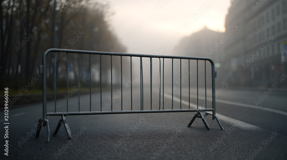Obraz premium Metal barricade obstructs a foggy urban street, a symbol of closure, restriction, and uncertain paths forward in a muted, quiet atmosphere
