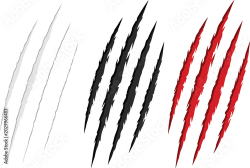 Three sets of stylized claw marks red black white with beast attack claw mark scratch mark animal attack predator attack wild animal feral animal aggressive animal scratch effect damage effec