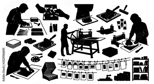 Konstfotografi Vintage Printmaking Studio, Silhouettes of Artisans Engaged in Traditional Etchi