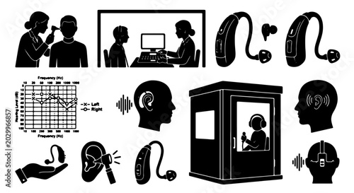 Bild auf Leinwand Hearing Health Icons Set, Audiology Equipment & Medical Examination Graphics, He