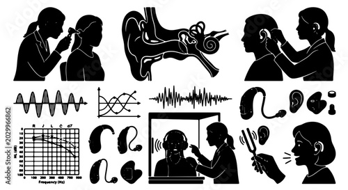 Fotografija Hearing Health Icons: Audiology, Ear Care, Hearing Aids, Sound Waves, Audiogram,