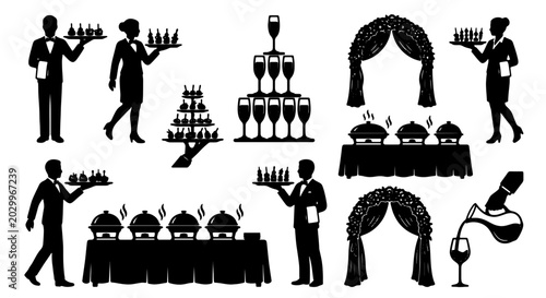 Bild auf Leinwand Catering Service Icons, Banquet Staff Silhouettes, Champagne Tower, Floral Archw