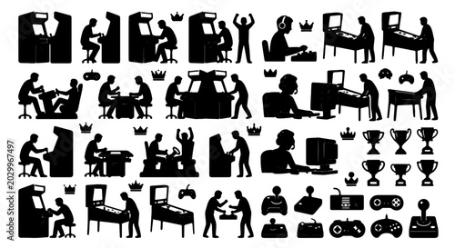 Schilderij op canvas Retro Arcade Game Icons, Vintage Gaming Silhouettes, Classic Pinball Machines, J