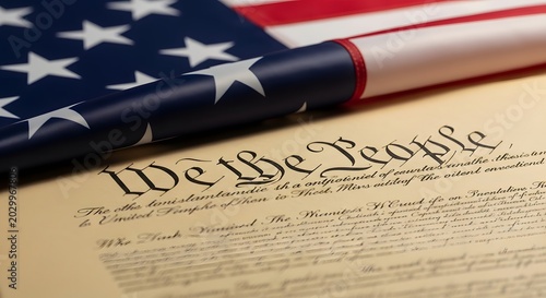 American flag over constitution document symbol of us law and freedom