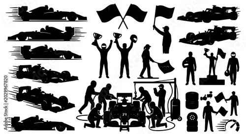Obraz na płótnie Formula 1 Racing Silhouettes: Pit Stop Crew, Drivers, Trophies, and Checkered Fl