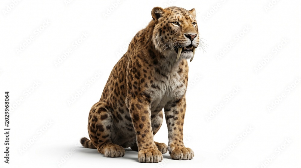 Naklejka premium Smilodon A majestic saber-toothed tiger, also known as Smilodon, sitting confidently, displaying its immense canine teeth and patterned fur.