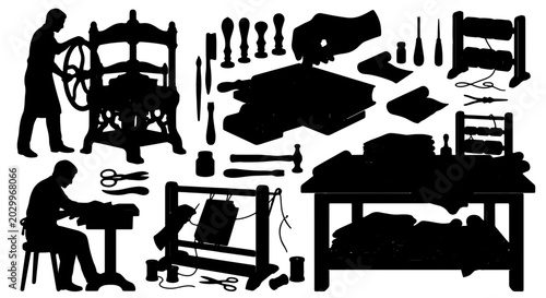 Foto Vintage Printing Press and Bookbinding Craftsmanship Vector Set, Artisanal Works