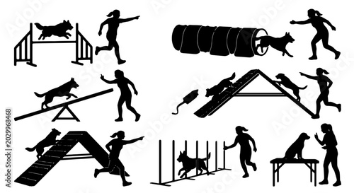 Quadro su tela Dog Agility Training Silhouettes, Canine Obstacle Course Vector Set, Active Pet