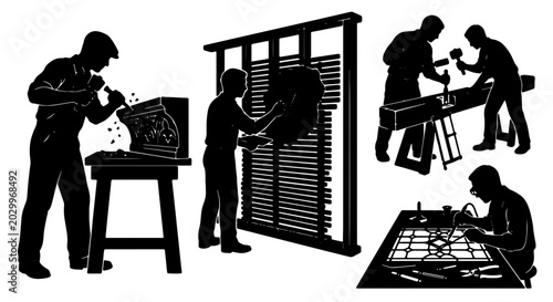 Fotografía Artisan Craftsmanship Set: Stone Carver, Sculptor, Jeweler, Woodworker, Silhouet