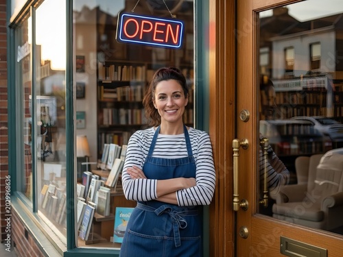 Smiling barista standing in open café doorway with neon sign