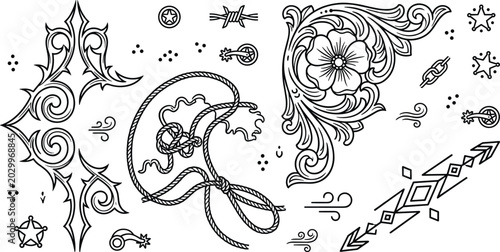 Photos Western Cowboy Line Art Vector Elements Set Featuring Lasso Rope Floral Scrollwo