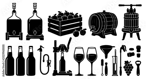 Tableau sur toile Winemaking and Brewing Equipment Icons, Vector Set: Fermenters, Barrels, Presses