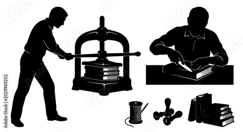 Bild auf Leinwand Vintage Bookbinding Process, Craftsmanship Silhouette Set: Pressing, Cutting, St