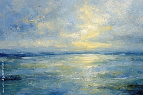 Impressionist oil painting of a serene ocean sunset, textured seascape with golden light on water, blue and yellow coastal landscape art isolated PNG with Transparent Background