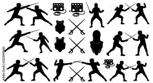 Schilderij op canvas Fencing Silhouette Icons Set, Sport Combat Action Vector Graphics, Athletic Duel