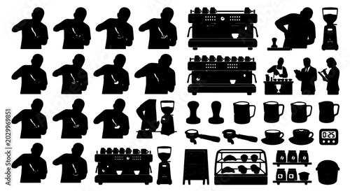 Obraz na płótnie Barista Silhouette Collection, Espresso Machine Icons, Coffee Grinder Graphics,